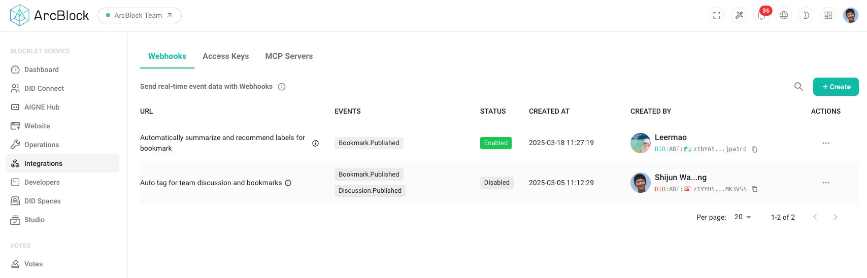 WebHooks Management Page