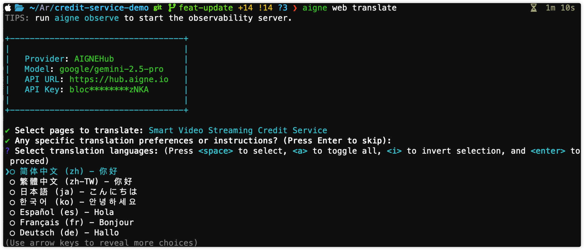 Interactive prompt showing multiple languages selected for translation