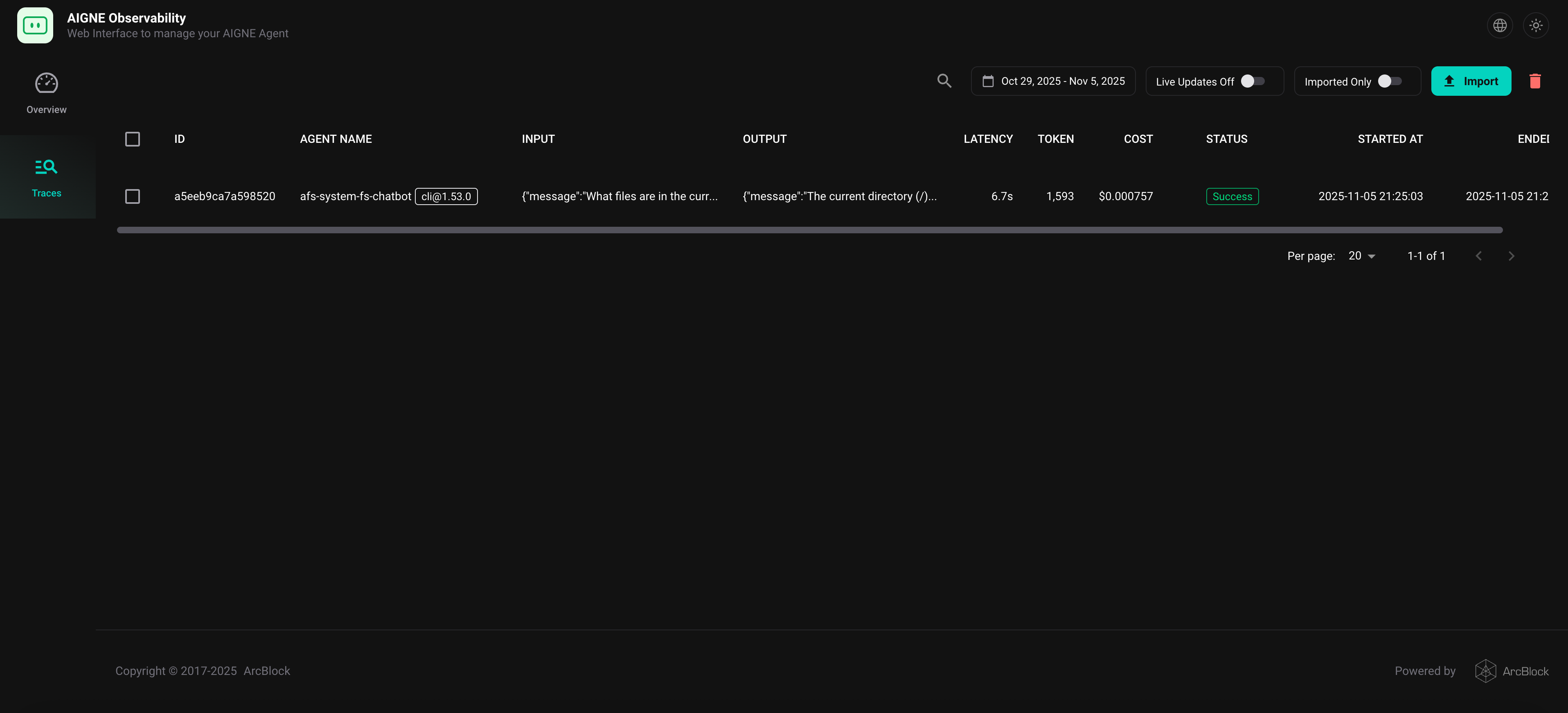 AIGNE observability interface displaying a list of agent execution traces.