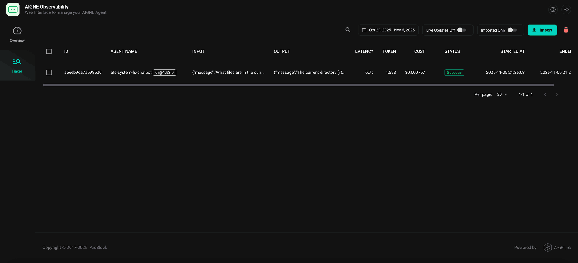 AIGNE observability interface showing a list of traces.