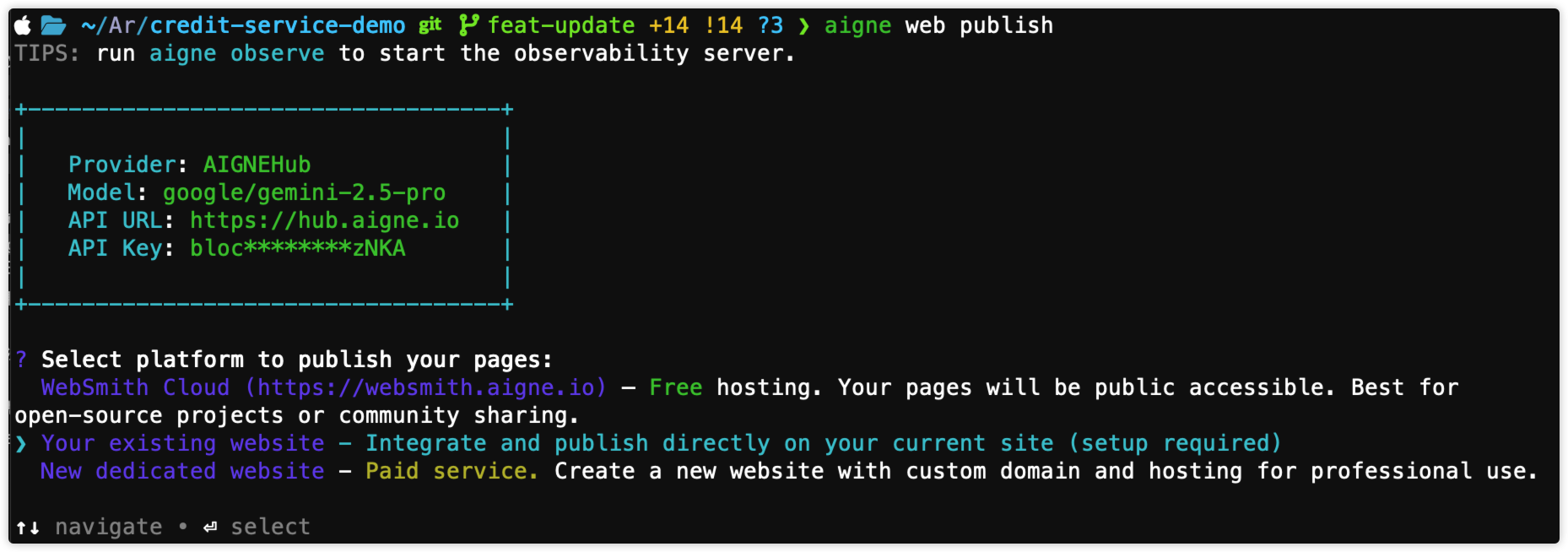 Prompt showing the “Your existing website” option selected