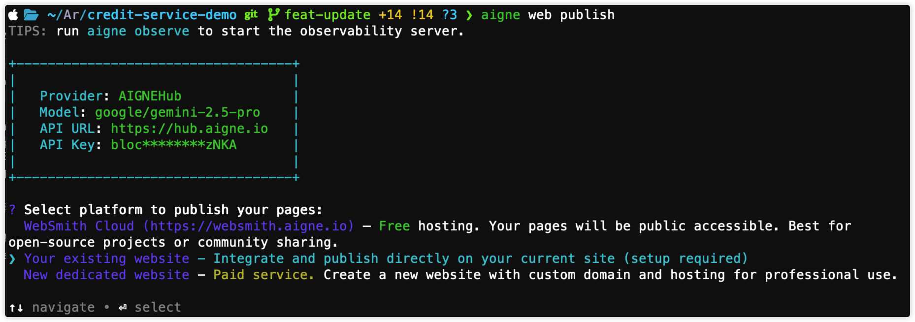 Prompt showing the “Your existing website” option selected