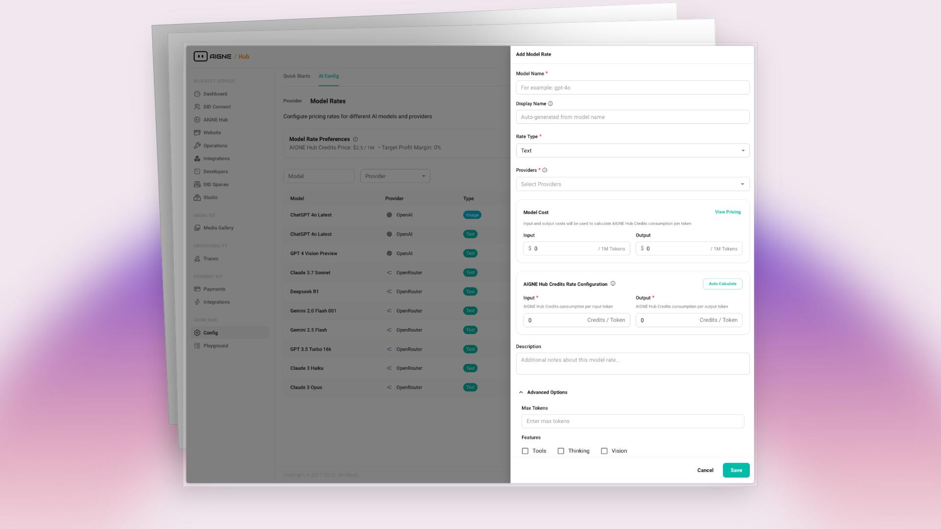 AIGNE Hub dashboard with a modal for adding a new model rate, showing fields for configuration.