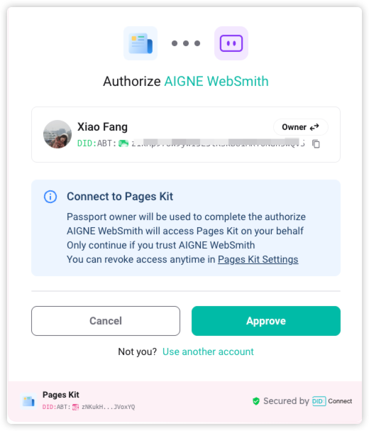Service authorization screen confirming WebSmith access