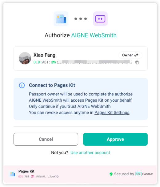 Service authorization screen confirming WebSmith access
