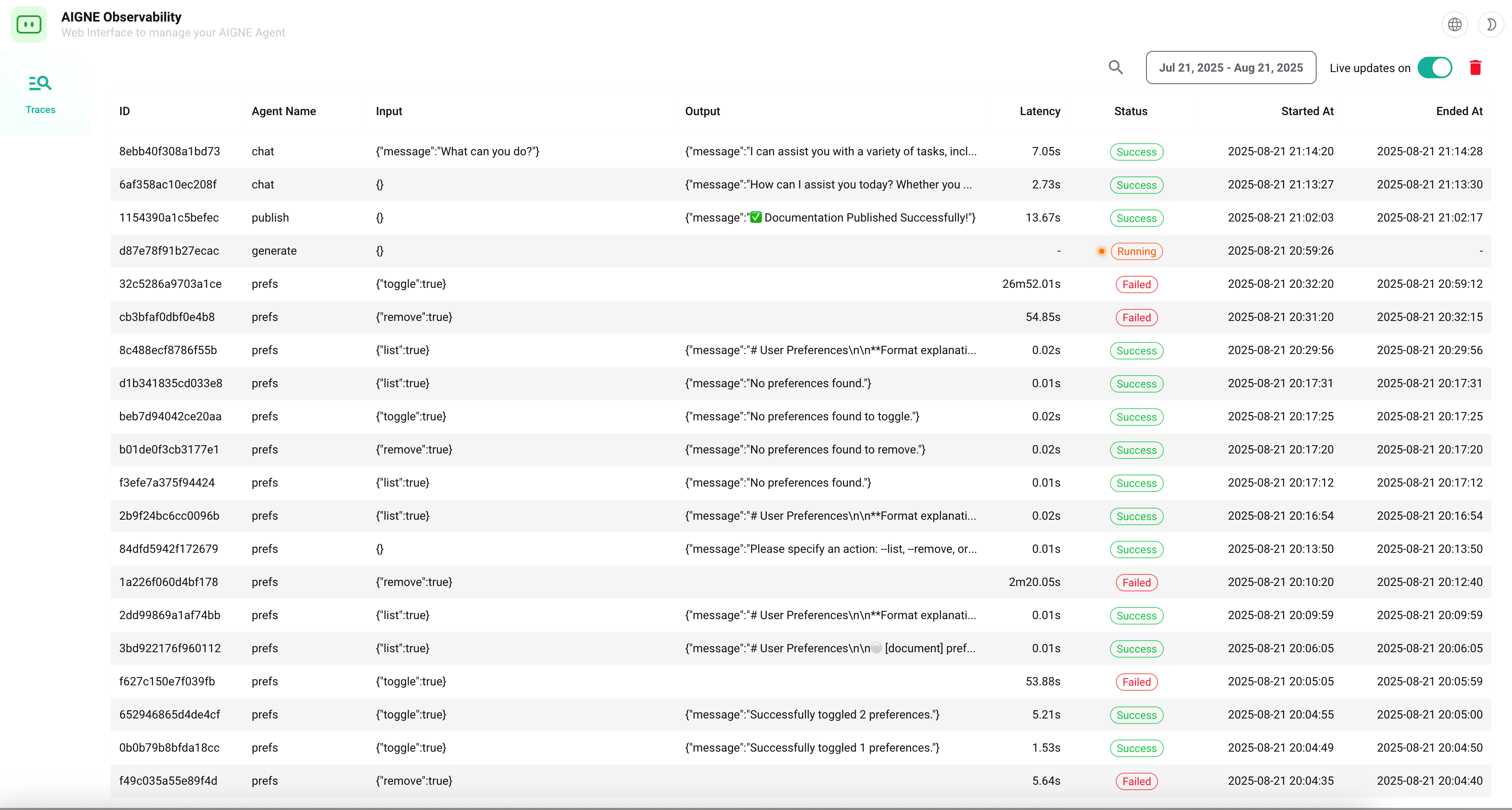 AIGNE observability server running interface