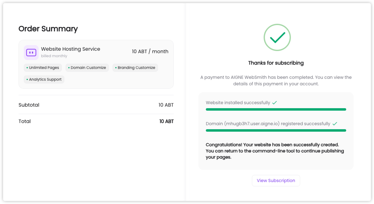 Payment confirmation and success message
