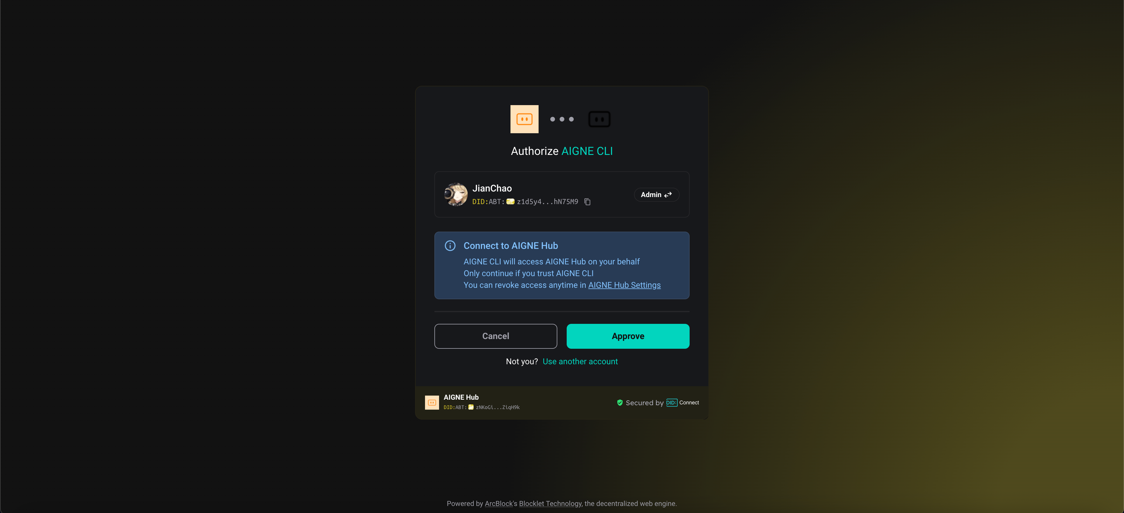 Authorization prompt for connecting the AIGNE CLI to the AIGNE Hub.