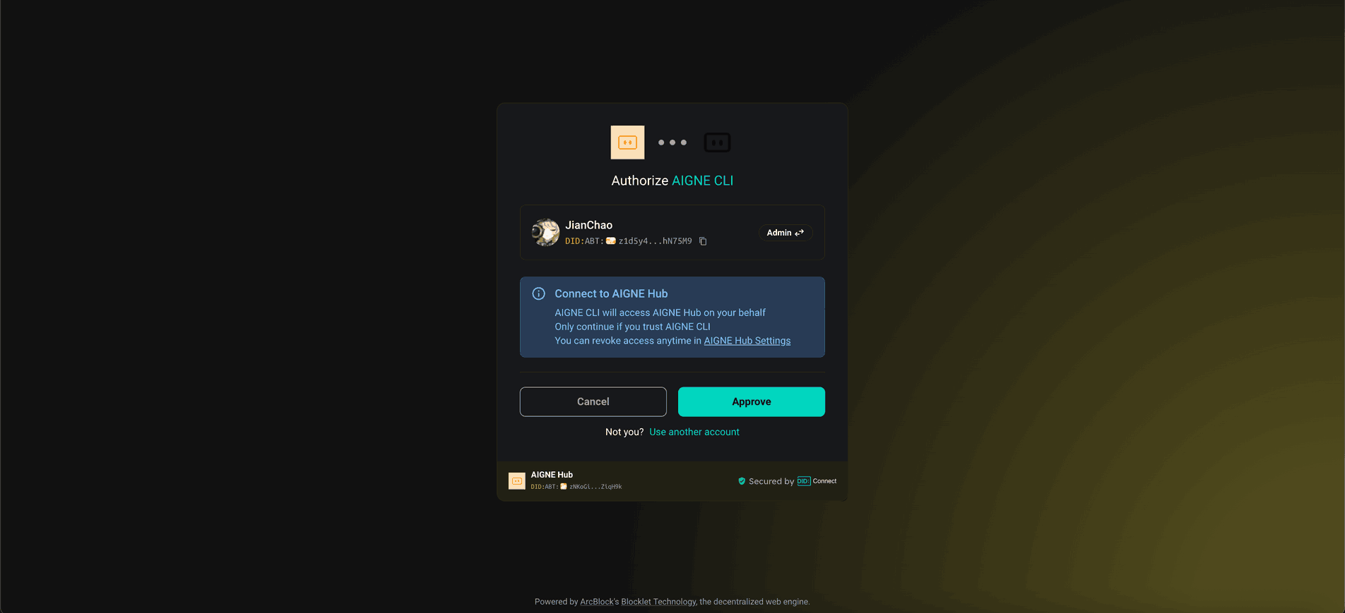 Authorize AIGNE CLI to connect to AIGNE Hub.