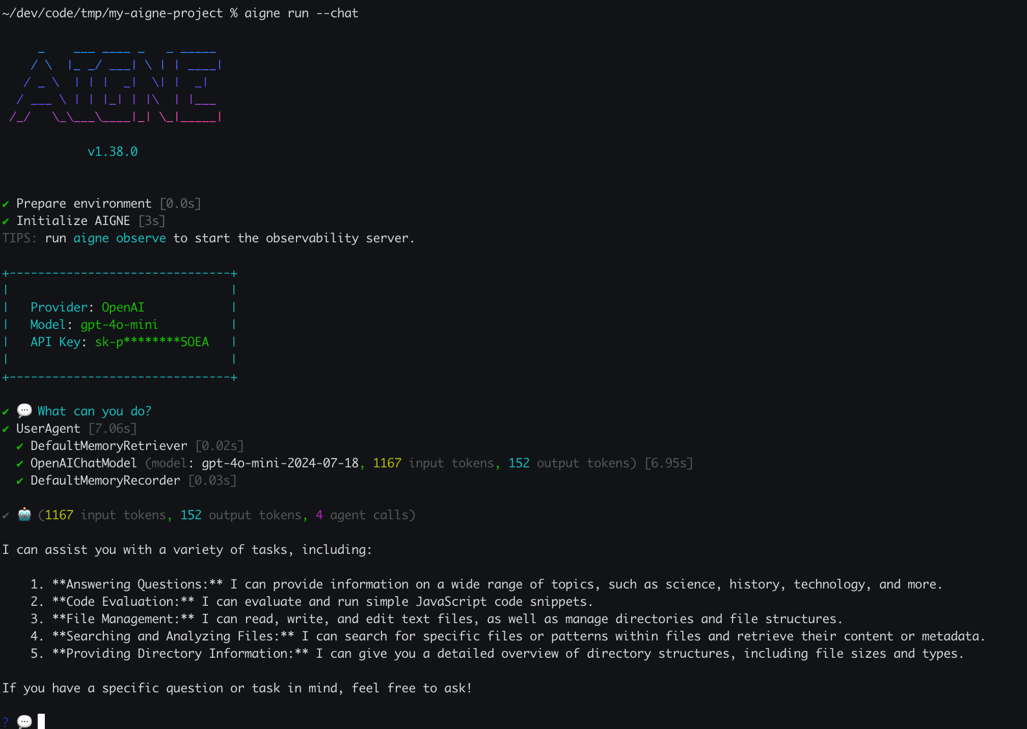 Running the default agent in chat mode