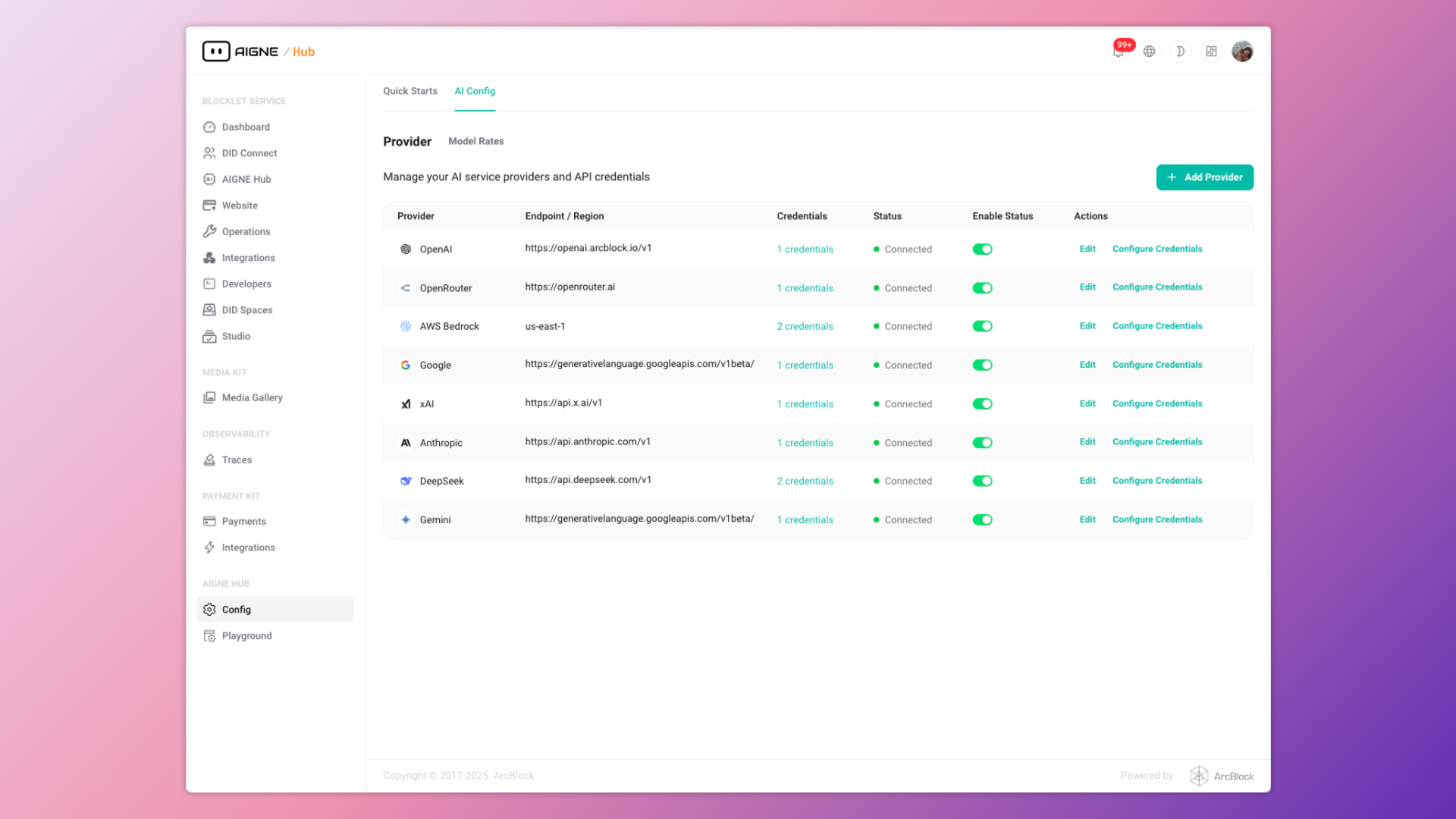 Provider Configuration UI showing a list of configured AI providers like OpenAI, Google, and AWS Bedrock.