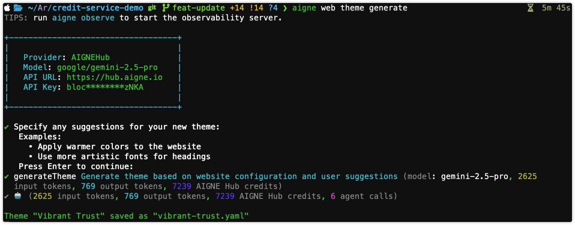 Theme generation prompt showing the list of saved themes with metadata
