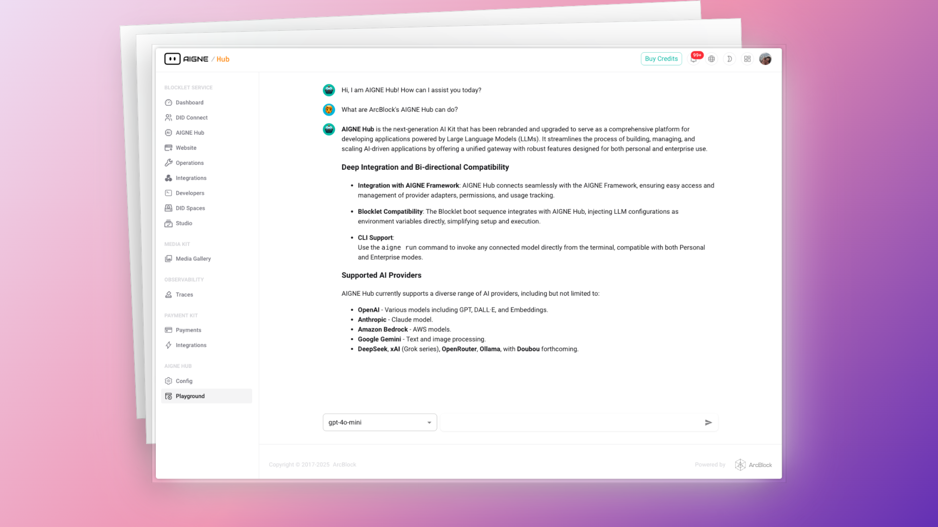 AIGNE Hub's interactive playground for testing AI models.