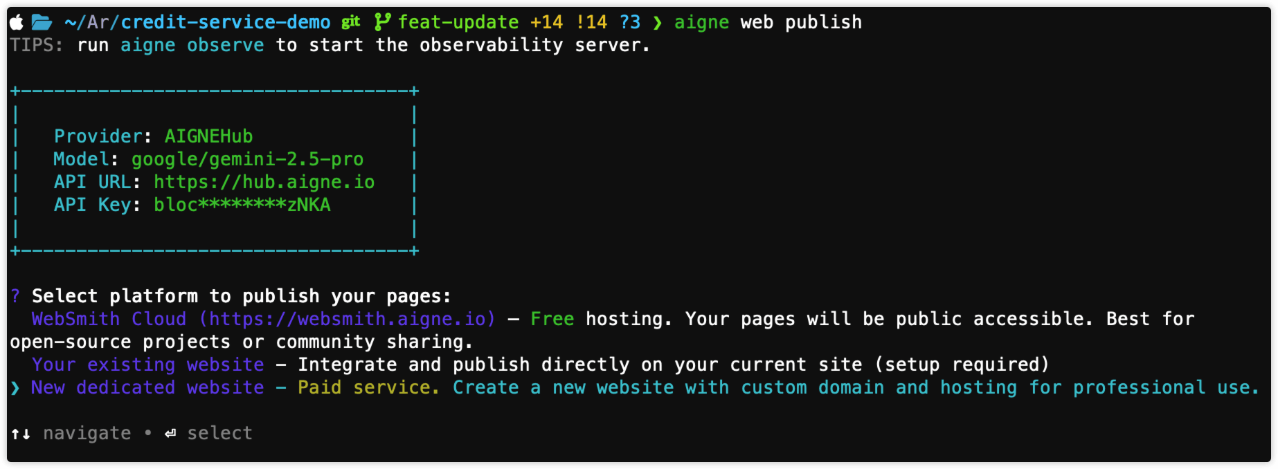 Prompt showing the “New dedicated website” option highlighted