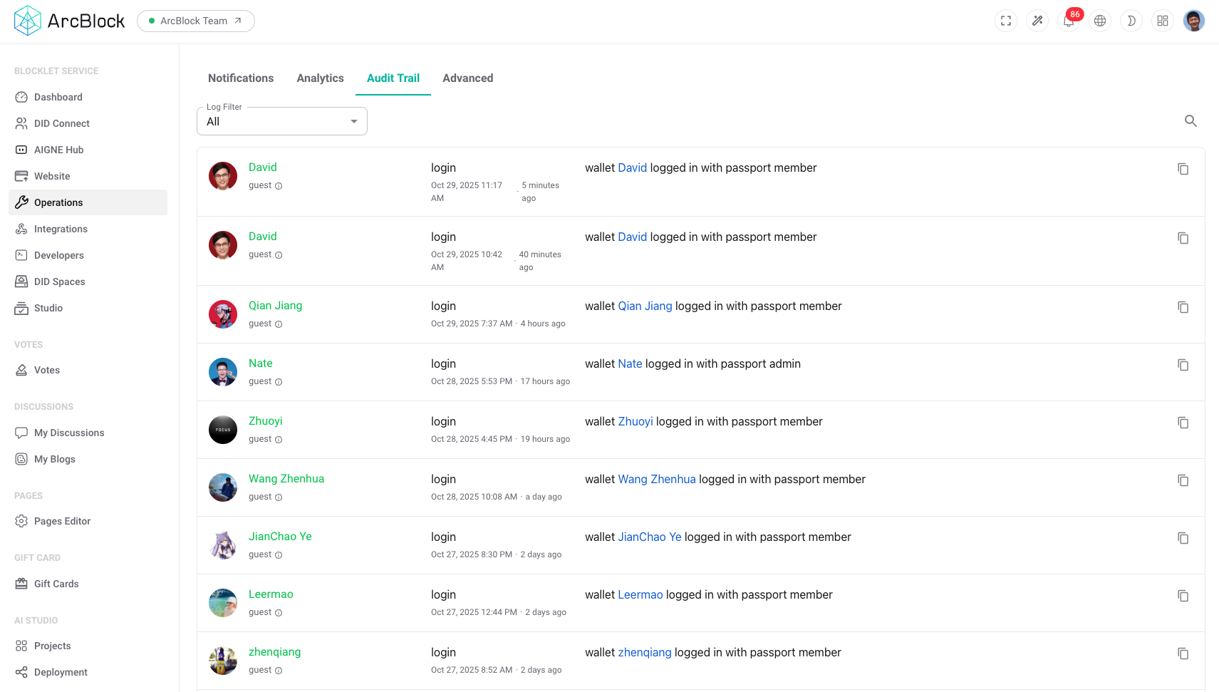 The Audit Logs interface displaying a list of user login events.