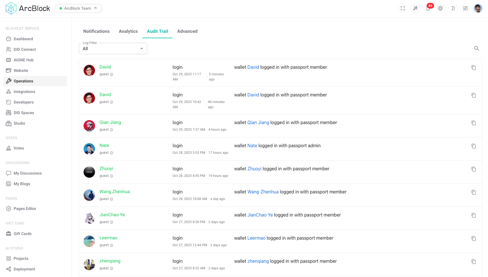 The Audit Logs interface displaying a list of user login events.