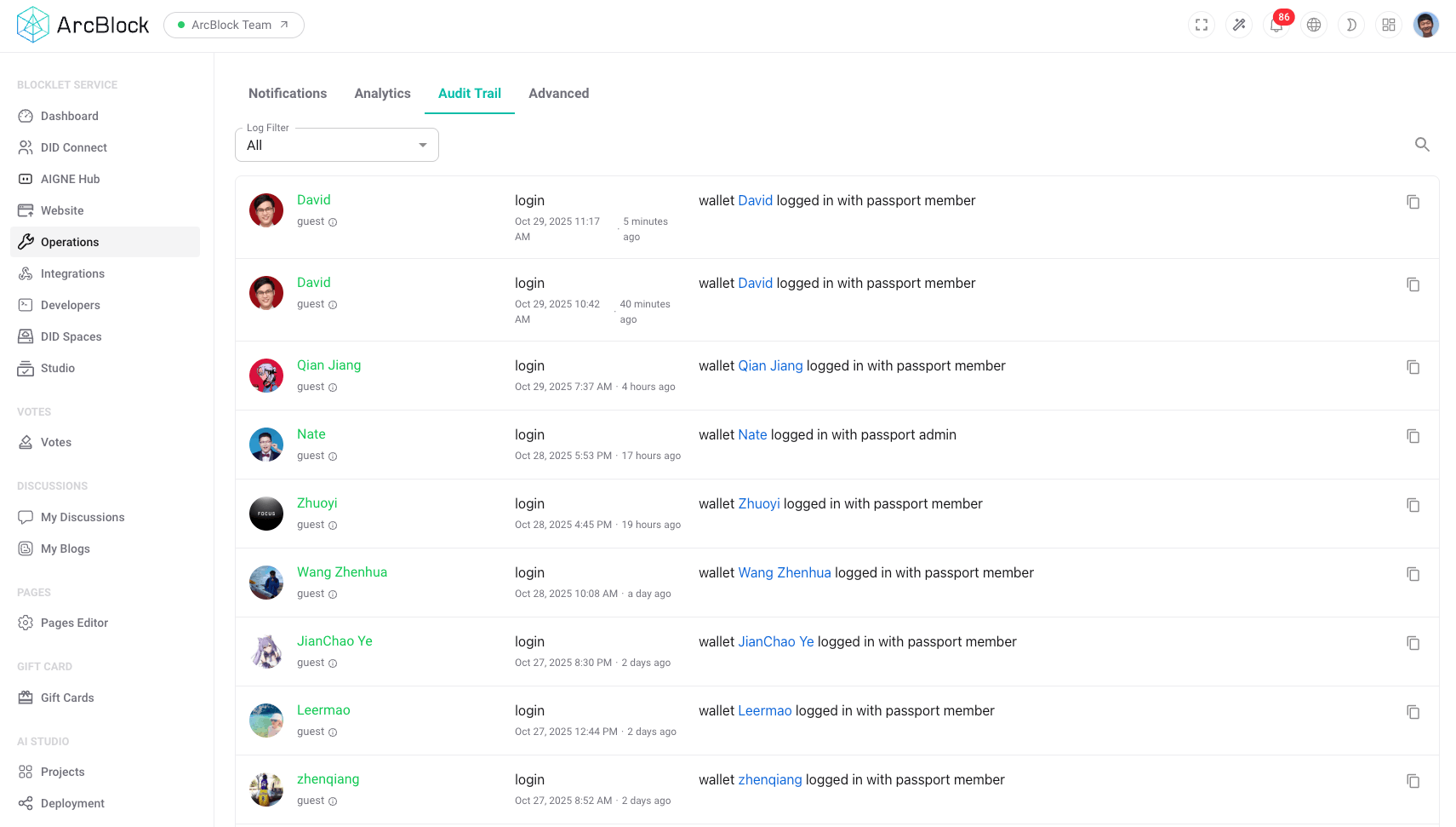 The Audit Logs interface displaying a list of user login events.