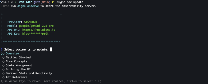 A screenshot showing the interactive prompt where a user can select documents to update from a list.