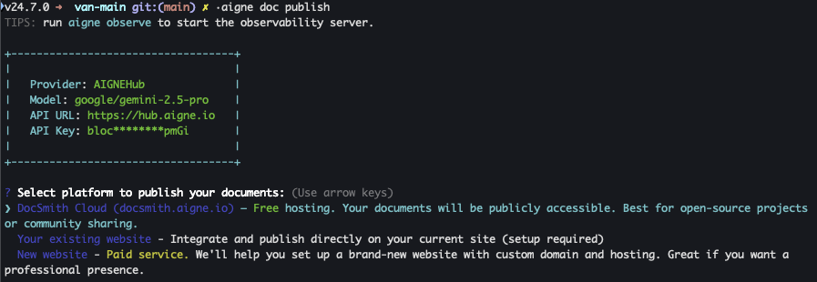 A screenshot of the command-line interface prompting the user to select a publishing platform.