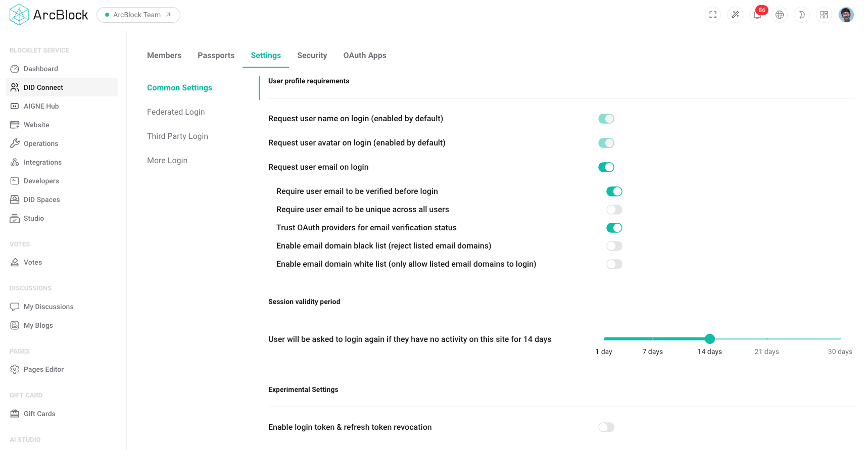 DID Connect Settings page showing session validity and profile requirements