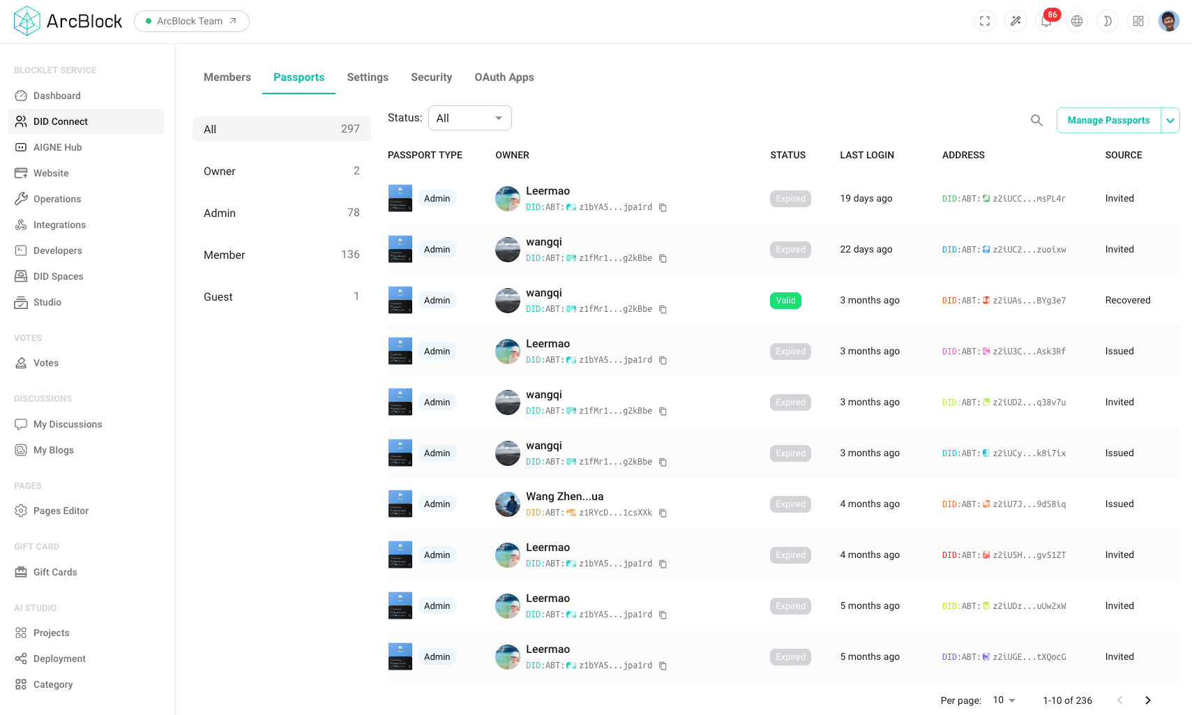 A screenshot of the Passports management interface in DID Connect, showing a table with passport details like type, owner, status, last login, and source.