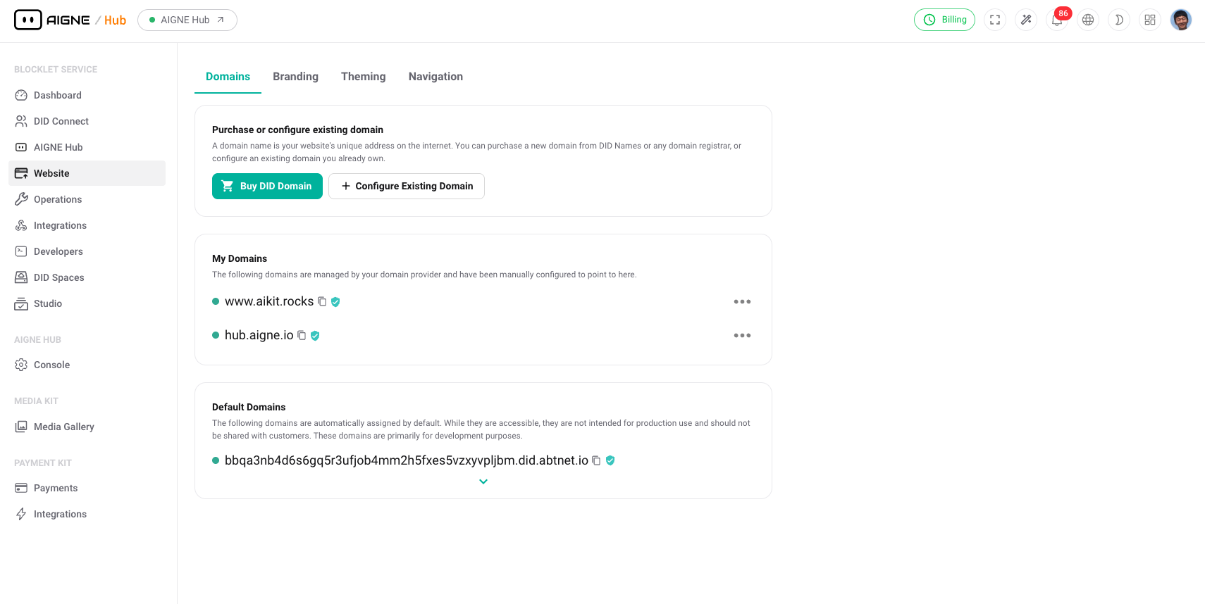 Domain management interface in Blocklet Service