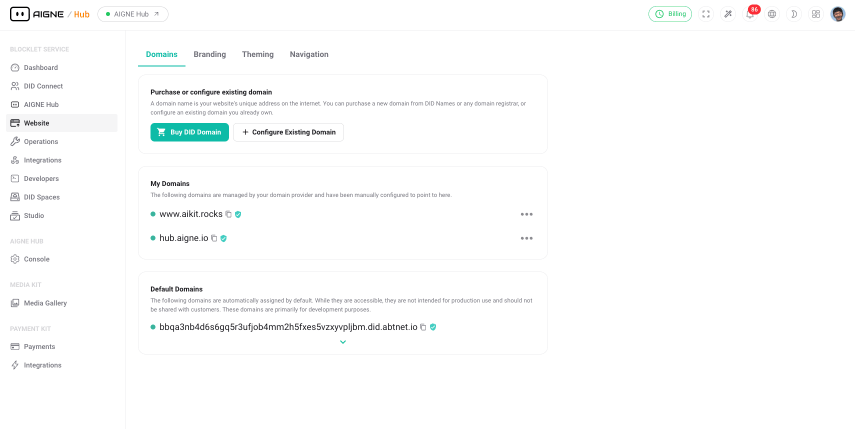 Domain management interface in Blocklet Service