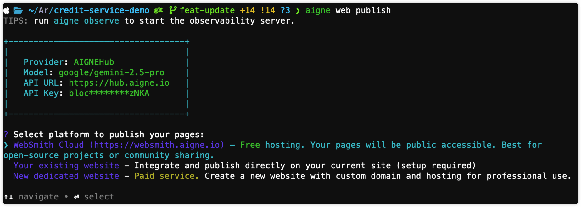 Prompt showing WebSmith Cloud selected as the publish destination