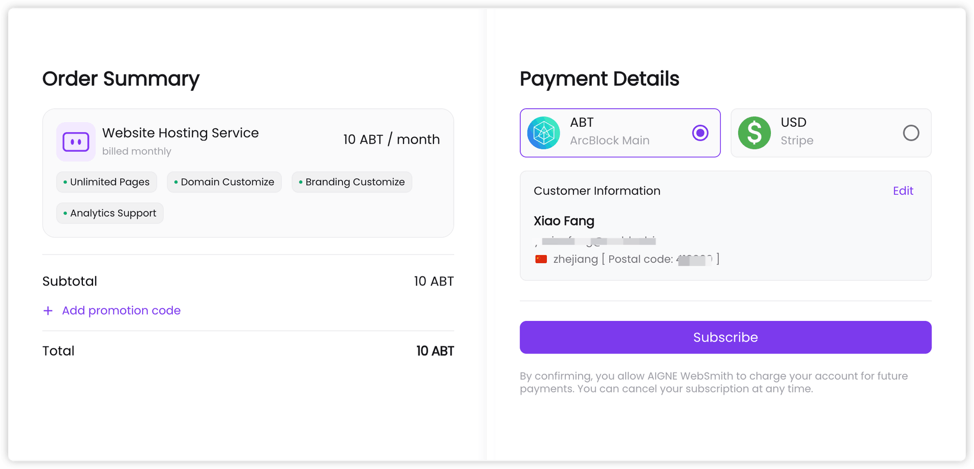 Checkout screen confirming payment for the dedicated website