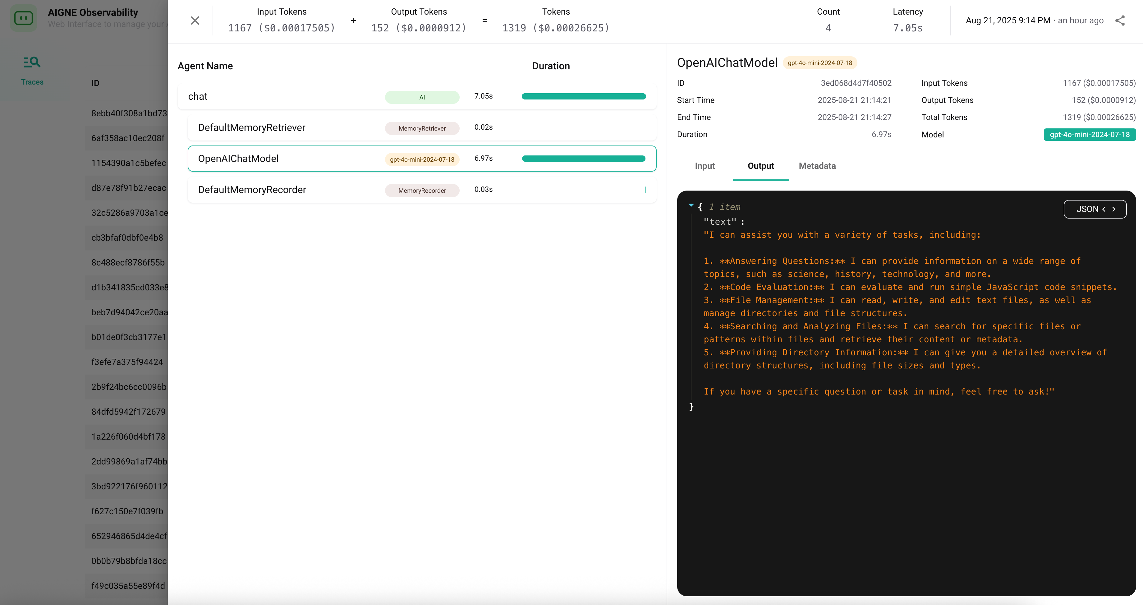 Viewing call details in the AIGNE observability UI