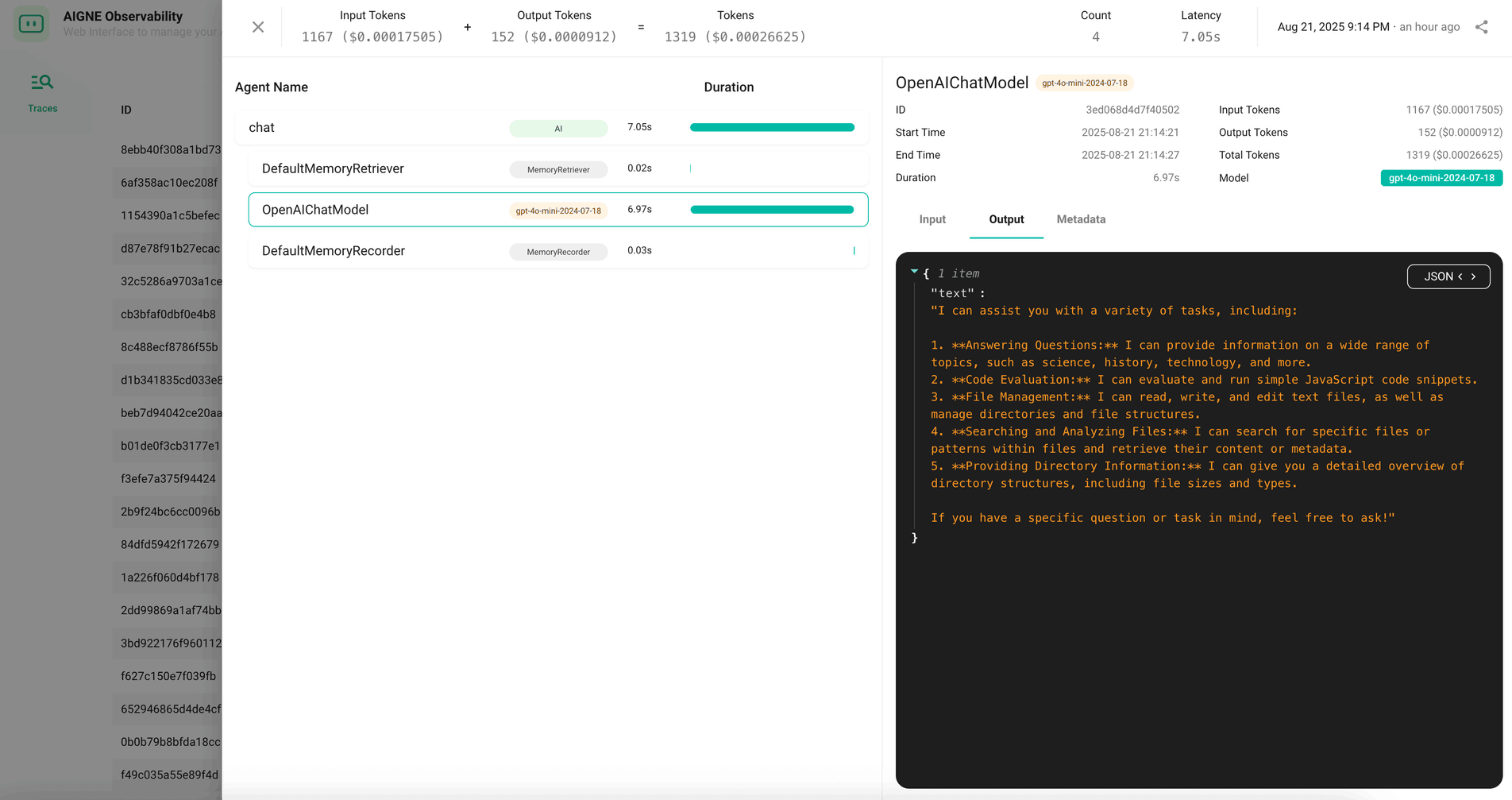 Viewing call details in the AIGNE observability UI