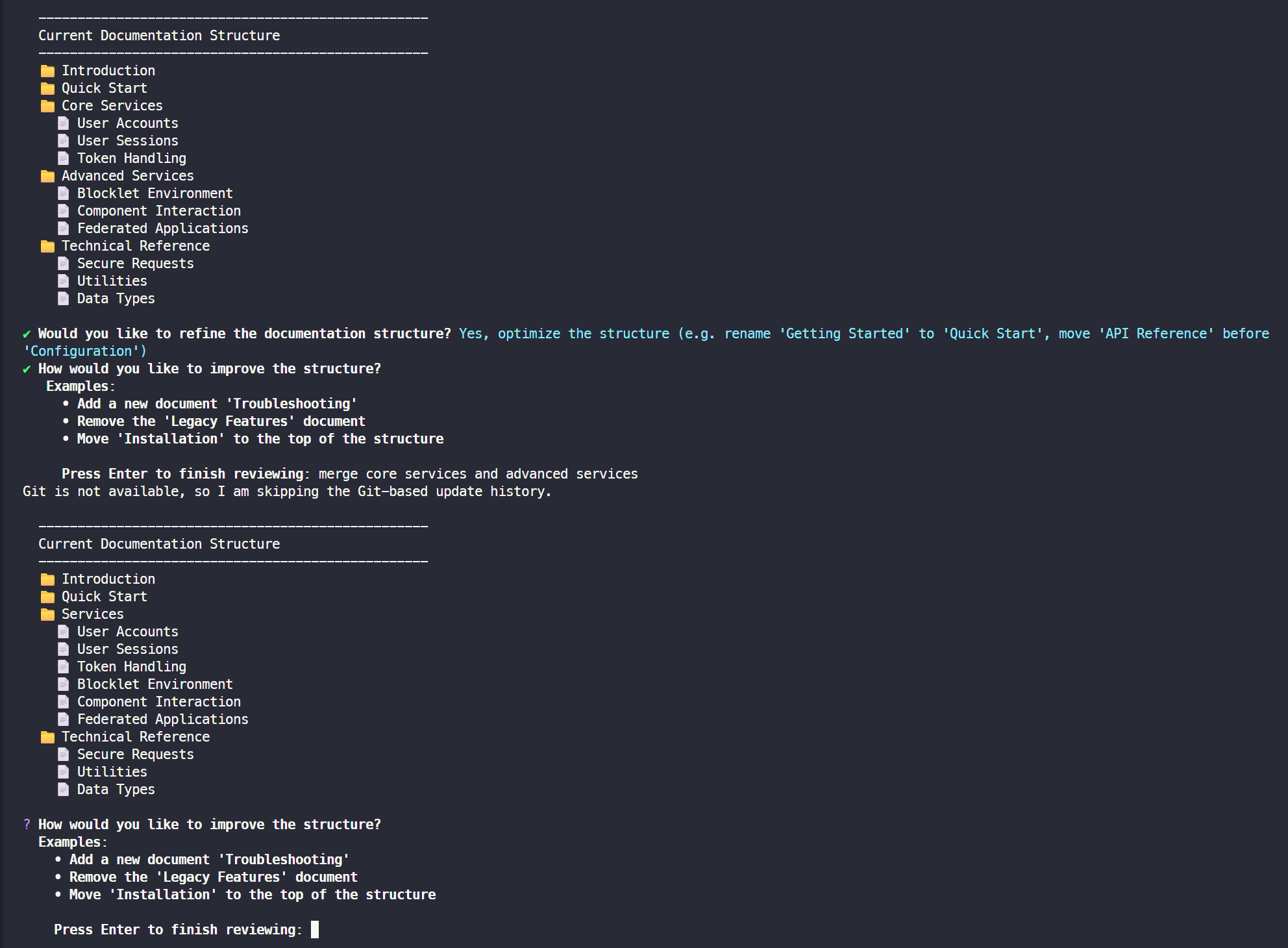 Interactive prompt to refine the document structure.
