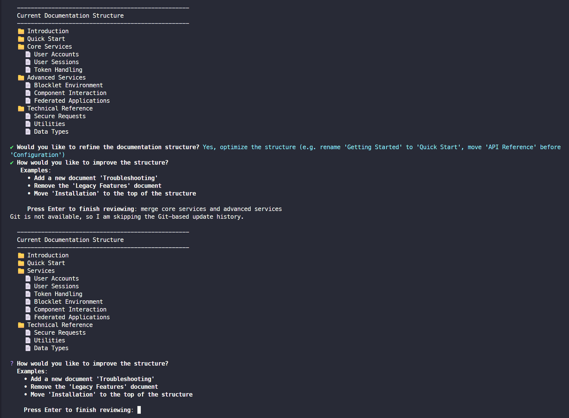 Interactive prompt to refine the document structure.