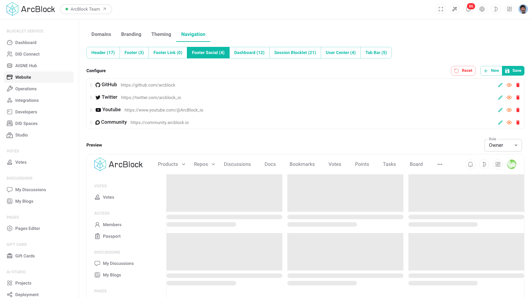 Screenshot of the Navigation settings interface, showing the configuration for footer social media links.