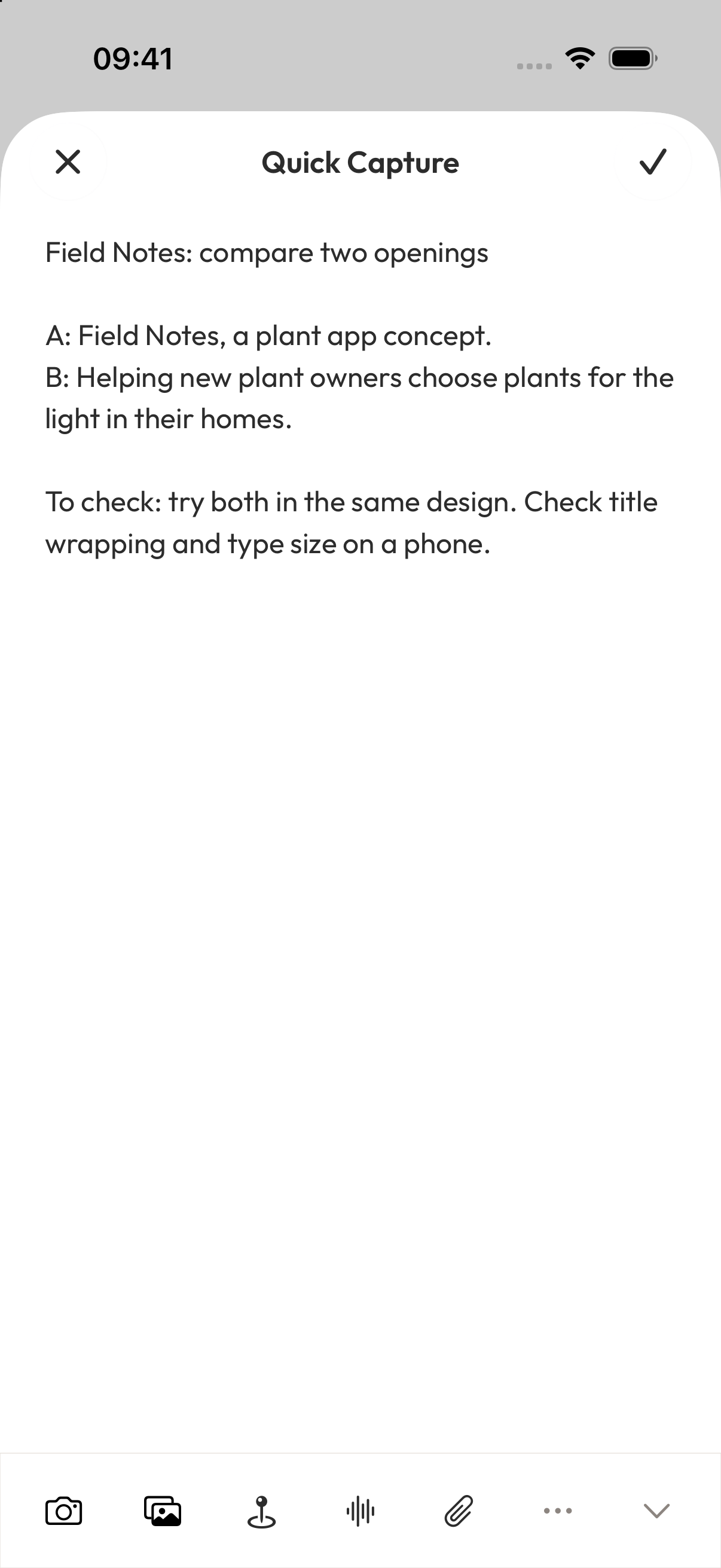 Record both candidate openings in Aside, then compare the actual layouts in your design tool.