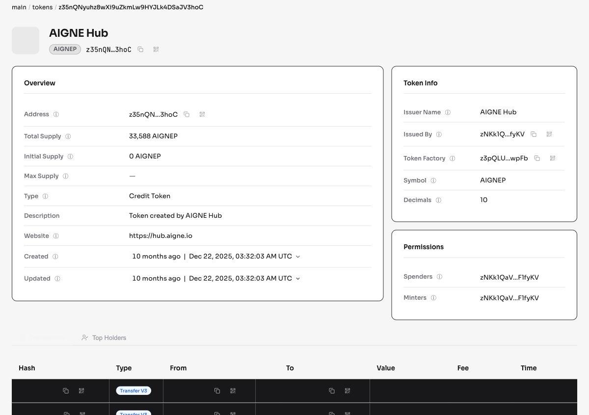 AIGNEP token detail with its identifier, issuer, decimal precision, and permissions