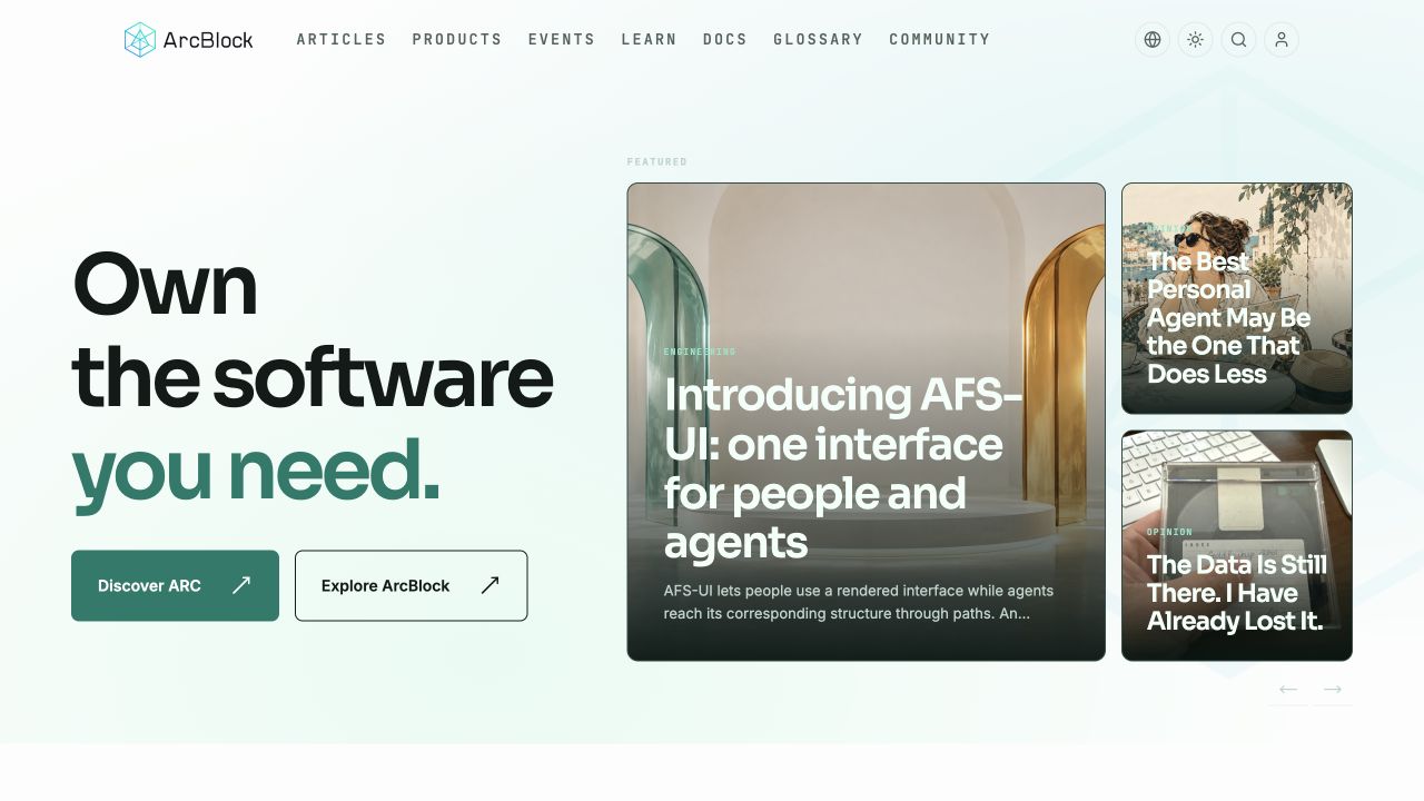 Opening www.arcblock.io in a browser reveals the ARC-powered homepage, navigation and article links.