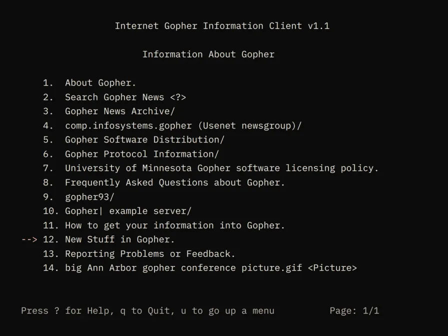 A reconstruction of a terminal Gopher menu based on an example in RFC 1580.