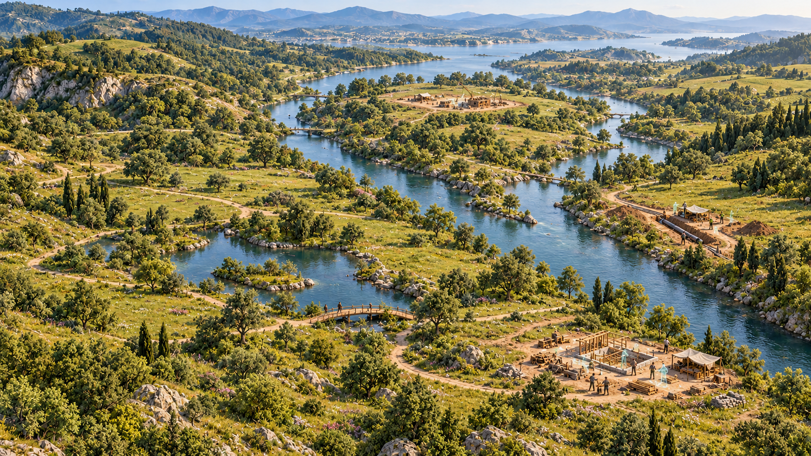 The same rivers and hills as the cover, mostly green land with only a few small construction sites where people and agents work together