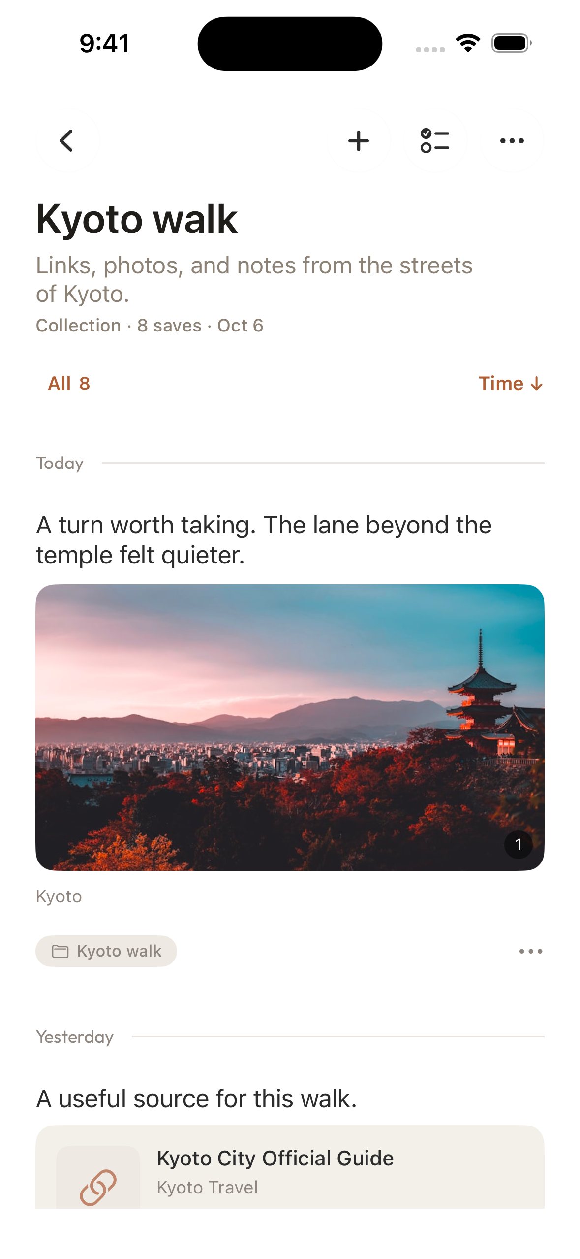 Aside on iPhone shows a Kyoto photo, saved webpages, and personal notes in one collection.