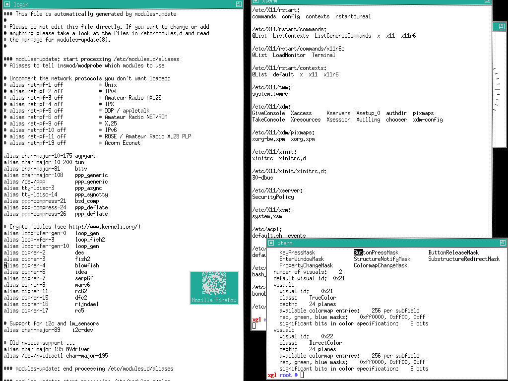 The TWM desktop under X Window, with several applications sharing a display environment.