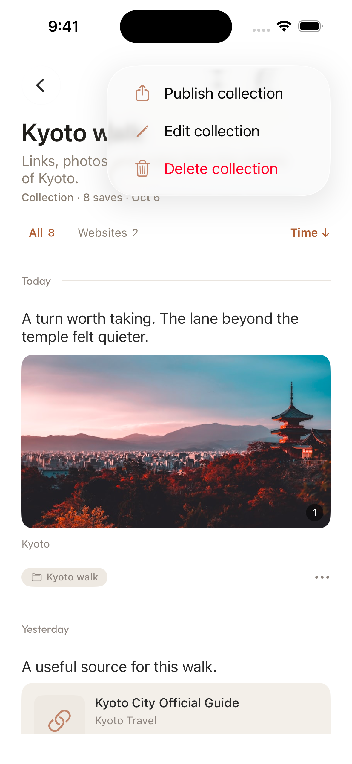 The Kyoto walk collection menu offers Publish collection.