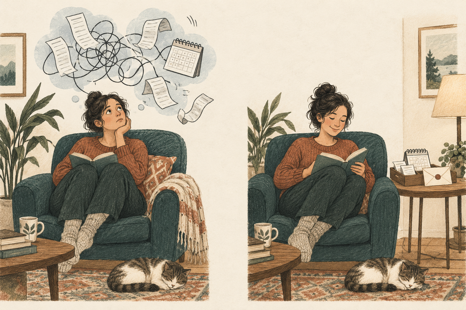 Two scenes contrast a reader distracted by pending paperwork with a reader whose paperwork is quietly kept in order.