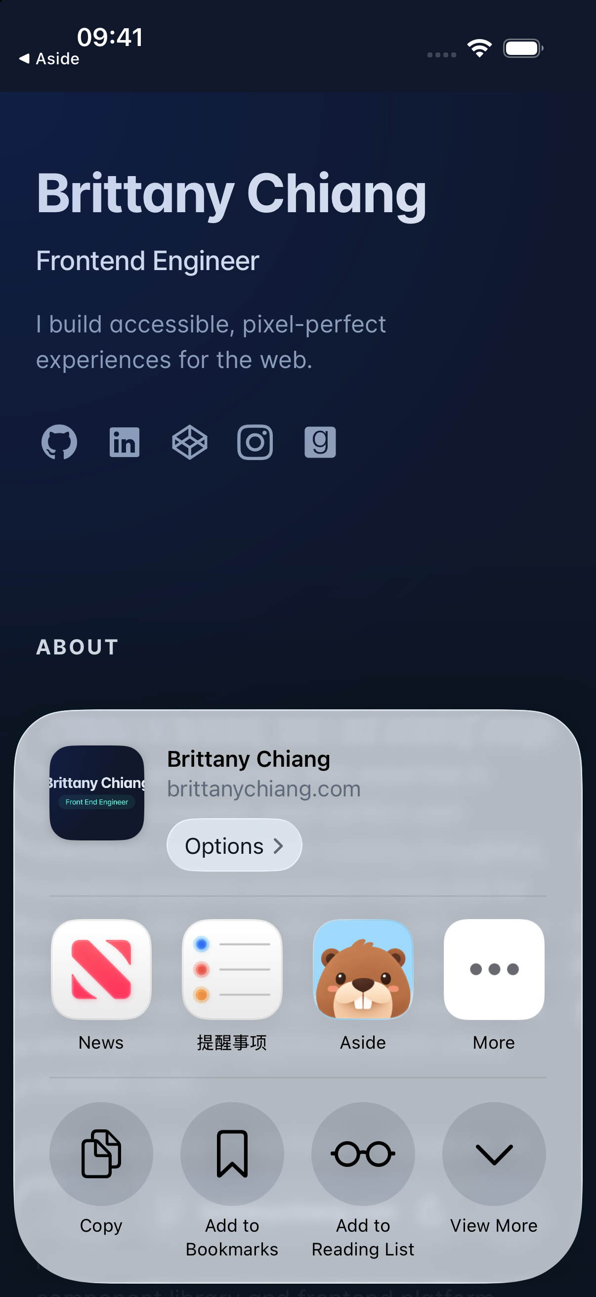 Choose Aside in Safari’s system share sheet.