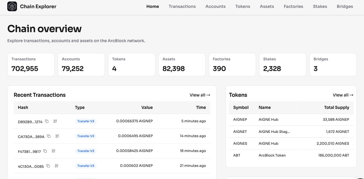 Chain Explorer home with entity counts, recent transactions, and tokens