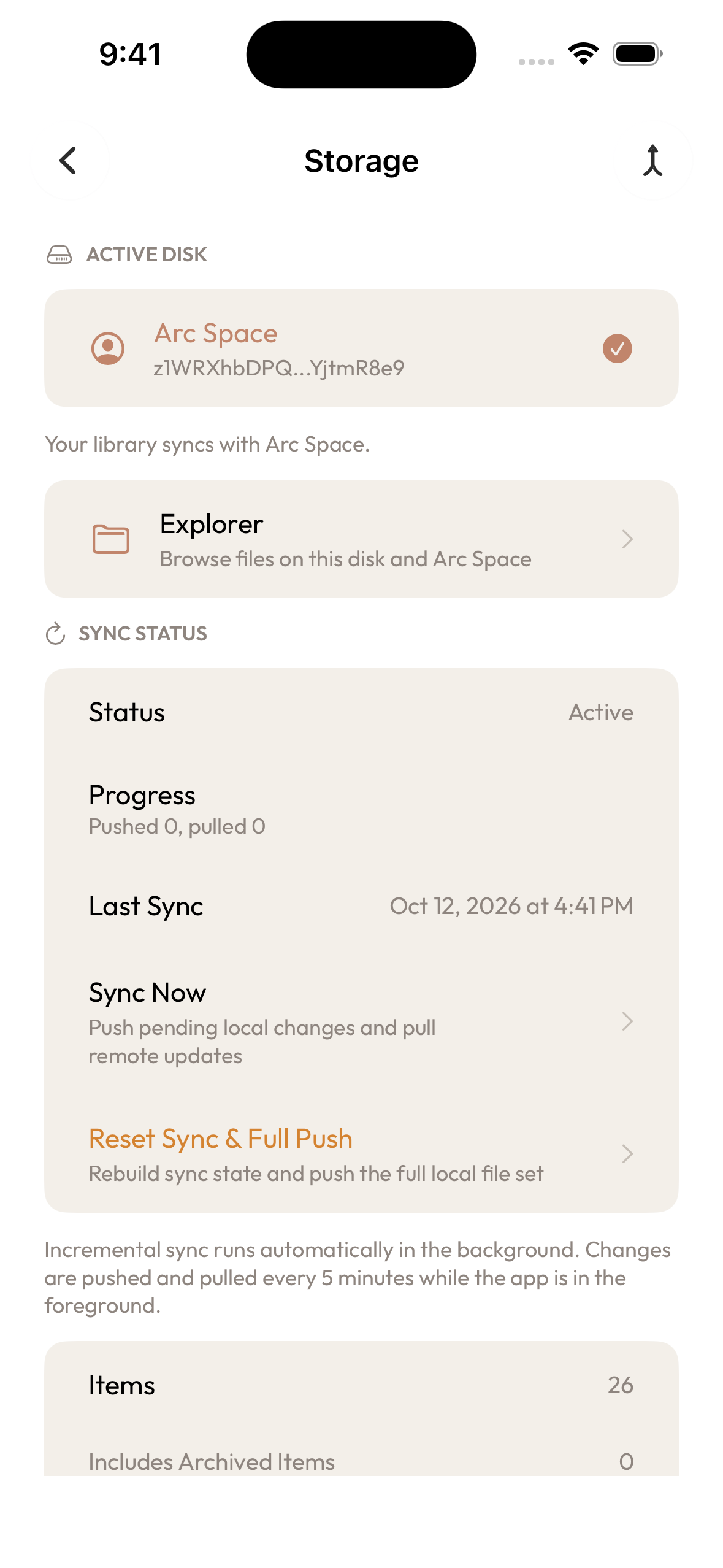 Aside Storage shows Arc Space selected and sync status Active.