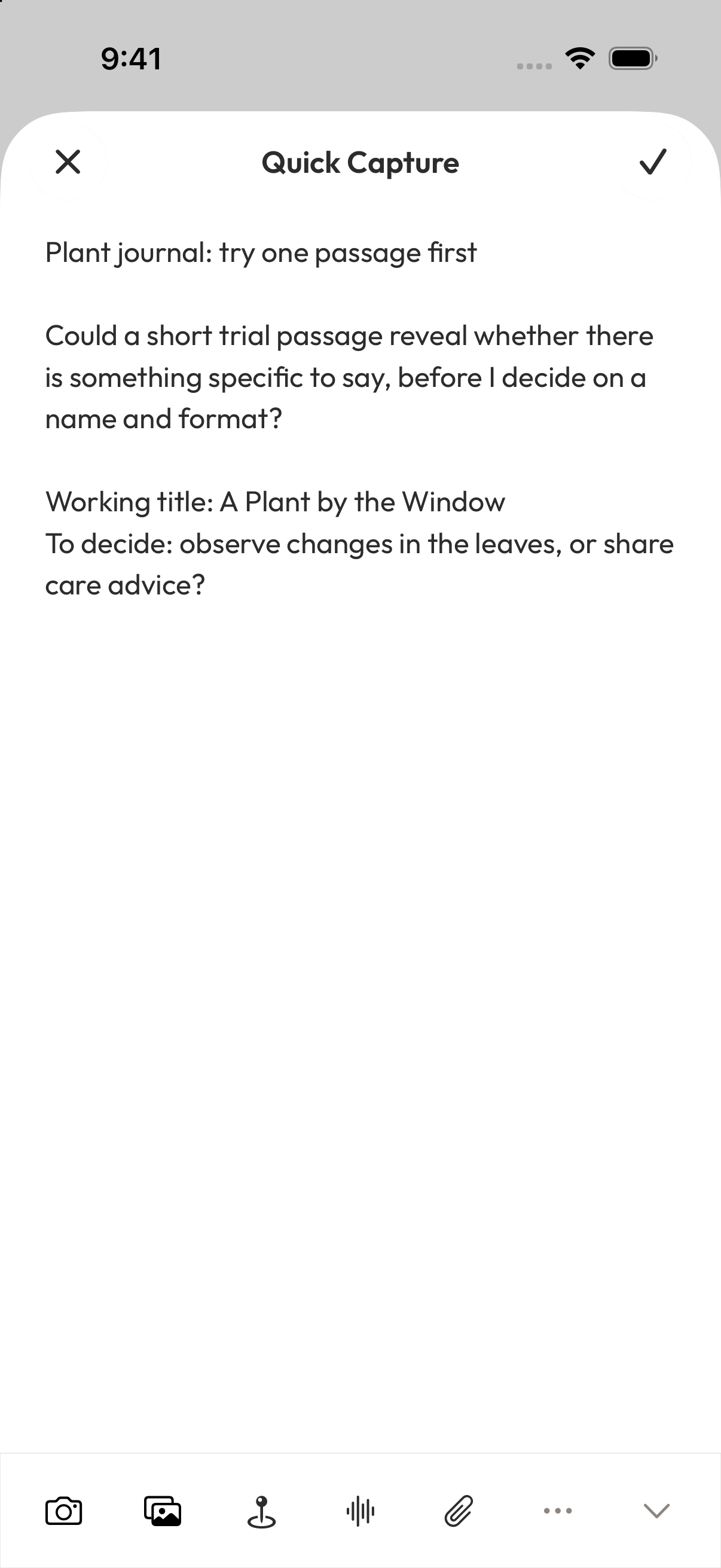 Aside's Quick Capture editor contains the plant-journal question, working title, and direction still to decide.