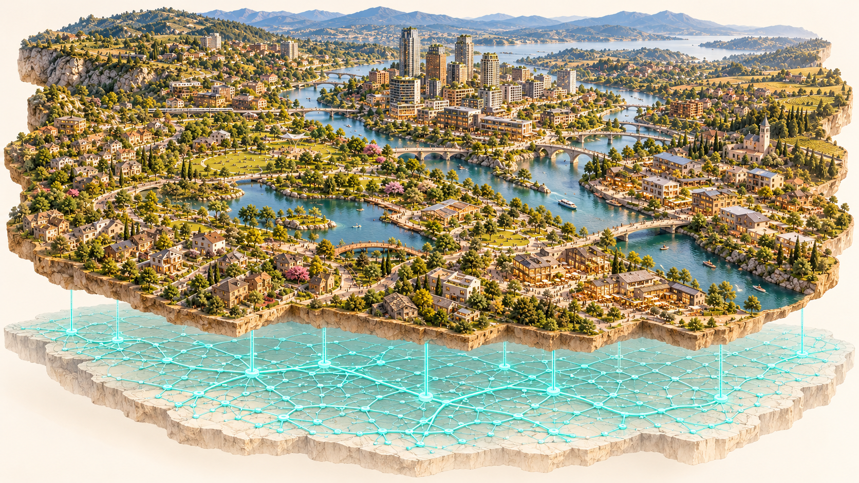 A layered aerial view of the same city as the cover, with a Tiffany-blue shared infrastructure network connecting its neighborhoods beneath the surface