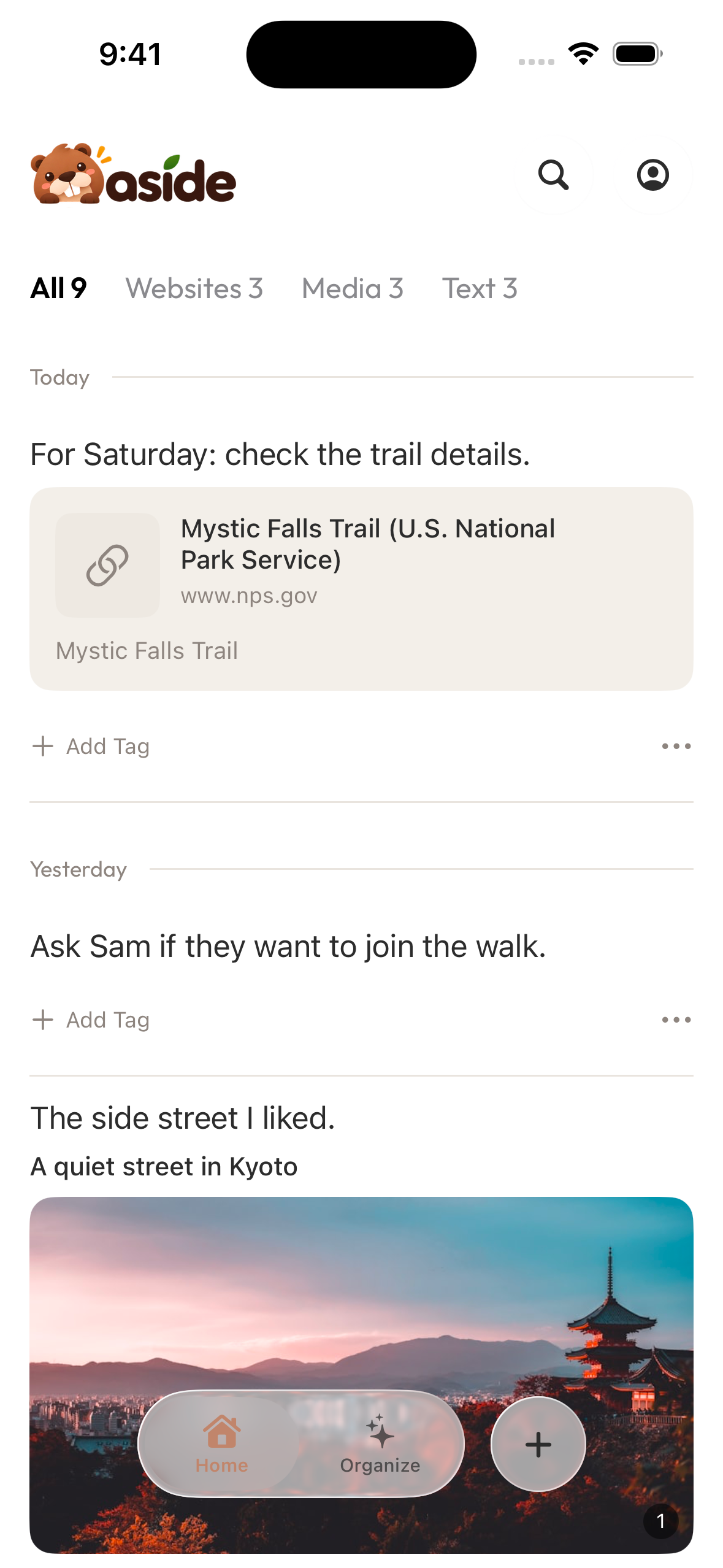 Aside Home shows the saved Mystic Falls Trail page below the same personal note.