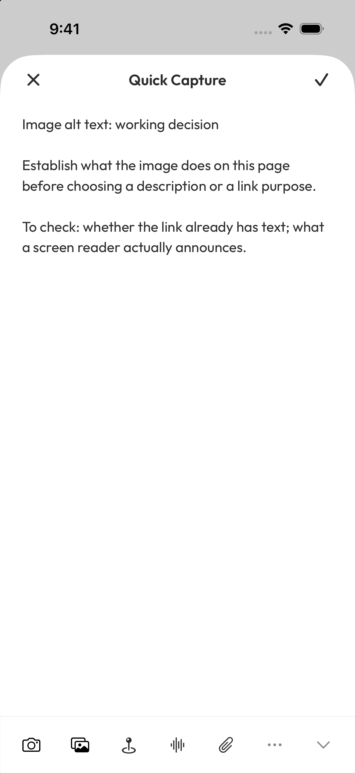 Aside Quick Capture shows a working decision and open questions about link text and screen reader output.